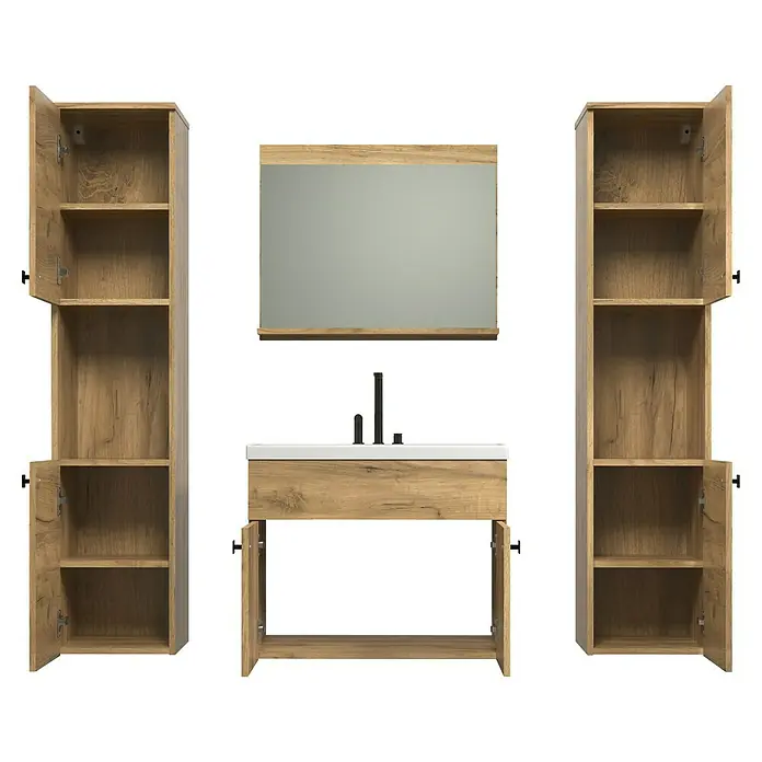 Trendteam Badmöbel-Set Haven - Gesamtbreite Badmöbel: 163 cm, Eiche Kraft Gold, Matt, 5 -tlg. - Badezimmer-Waschtisch mit Spiegel und zwei Hochschränken in Holzoptik für ein stilvolles und praktisches Badezimmerdesign.