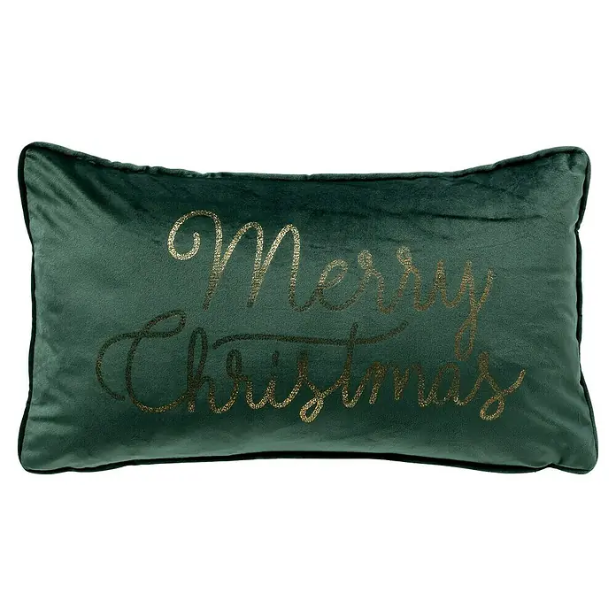 Kissen Merry Christmas - Mountain View, 50 x 30 cm - Grünes Dekokissen mit goldenem "Merry Christmas"-Schriftzug, ein festlicher Akzent für die Weihnachtszeit, der Gemütlichkeit und Stil vereint.