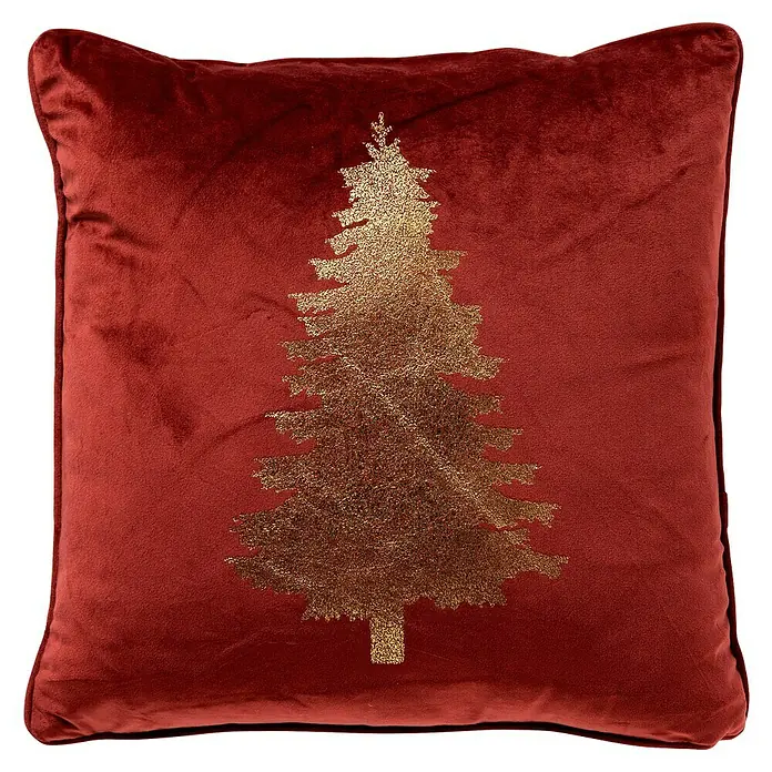 Kissen Tree Xmas - Rot, 45 x 45 cm, 100 % Polyester - Dekokissen in Rot mit einem goldenen Weihnachtsbaum-Motiv, ideal für die festliche Dekoration Ihres Zuhauses und sorgt für Gemütlichkeit.