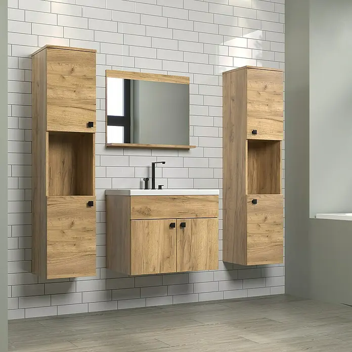 Trendteam Badmöbel-Set Haven - Gesamtbreite Badmöbel: 163 cm, Eiche Kraft Gold, Matt, 5 -tlg. - Ein modernes Badezimmer-Set mit einem Waschbeckenunterschrank, einem Spiegel und zwei hohen Seitenschränken in Holzoptik.
