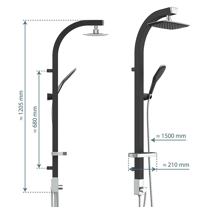 Schütte Duschpaneel Cityline - Höhe: 123 cm, Schwarz - Abbildung einer Duschsäule mit den Maßen 1205 mm Höhe und 680 mm Abstand zwischen den Armaturen. Die Dusche zeichnet sich durch modernes Design aus.