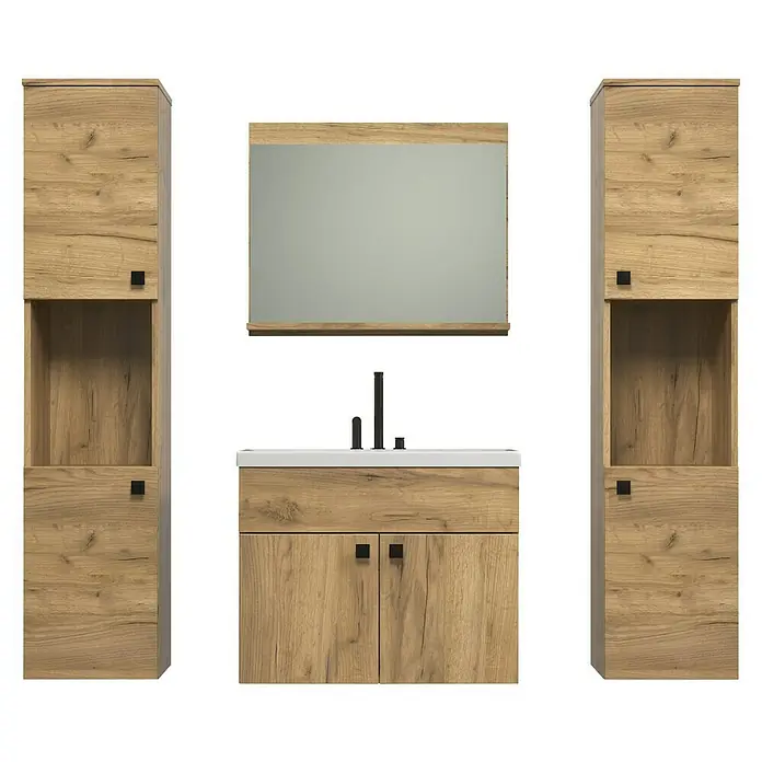 Trendteam Badmöbel-Set Haven - Gesamtbreite Badmöbel: 163 cm, Eiche Kraft Gold, Matt, 5 -tlg. - Elegantes Badezimmer-Set mit Waschtischunterschrank, Spiegel und zwei Hochschränken in Holzoptik für ein stilvolles Ambiente.