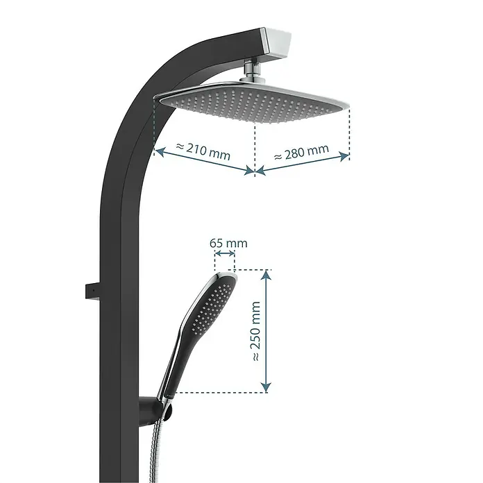 Schütte Duschpaneel Cityline - Höhe: 123 cm, Schwarz - Produktbild einer Duscharmatur mit Handbrause und Kopfbrause mit Maßangaben. Elegantes Design für moderne Badezimmer.
