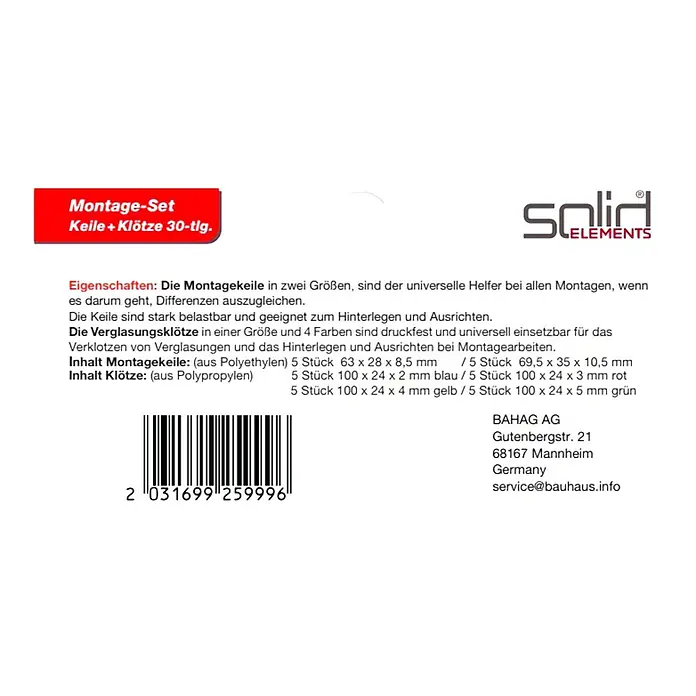Solid Elements Montage-Set - 30 Stk., Passend für: Fenster- und Türenmontage - Abbildung eines Montage-Sets mit Keilen und Klötzen (30-teilig) von Solid Elements für Montagearbeiten.