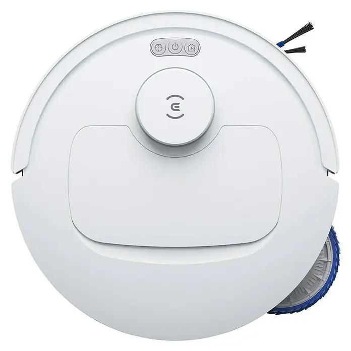 Ecovacs Saugwischroboter Deebot T30E Omni White - Saugkraft: 25.000 Pa, Akkulaufzeit: 180 min, Fassungsvermögen Roboter: 3 l - Ansicht von oben auf einen weißen Ecovacs-Saugroboter mit blauen Akzenten, der für die effiziente Reinigung von Böden konzipiert ist.