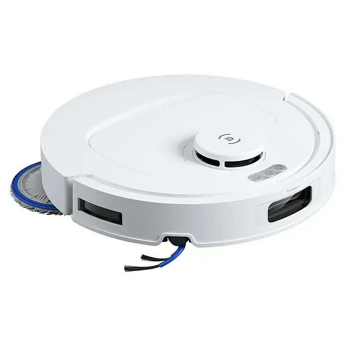 Ecovacs Saugwischroboter Deebot T30E Omni White - Saugkraft: 25.000 Pa, Akkulaufzeit: 180 min, Fassungsvermögen Roboter: 3 l - Nahaufnahme des weißen Ecovacs Saugroboters mit Seitenbürsten und Hindernissensoren für eine effiziente Reinigung.