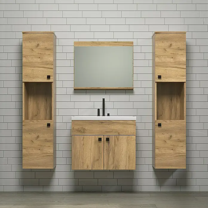 Trendteam Badmöbel-Set Haven - Gesamtbreite Badmöbel: 163 cm, Eiche Kraft Gold, Matt, 5 -tlg. - Badezimmermöbel-Set mit Waschtisch, Spiegel und zwei Hochschränken aus hellem Holz vor weißer Ziegelwand.