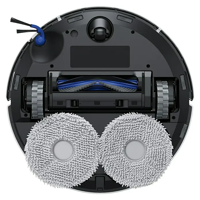 Ecovacs Saugwischroboter Deebot T30E Omni White - Saugkraft: 25.000 Pa, Akkulaufzeit: 180 min, Fassungsvermögen Roboter: 3 l - Ansicht der Unterseite eines Staubsaugerroboters mit Bürsten, Rädern und Wischaufsätzen für eine effiziente Reinigung.