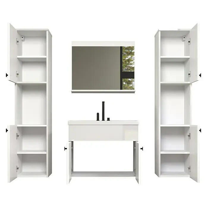 Trendteam Badmöbel-Set Haven - Gesamtbreite Badmöbel: 163 cm, Weiß, Glänzend, 5 -tlg. - Badezimmer-Set mit weißen Schränken, Spiegel und Waschbeckenunterschrank für stilvolle Badezimmeraufbewahrung und ein modernes Erscheinungsbild.