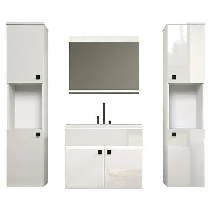 Trendteam Badmöbel-Set Haven - Gesamtbreite Badmöbel: 163 cm, Weiß, Glänzend, 5 -tlg. - Modernes Badezimmer-Ensemble mit weißen Hochglanzschränken, Spiegel und Waschtisch mit Armatur für ein stilvolles Ambiente.