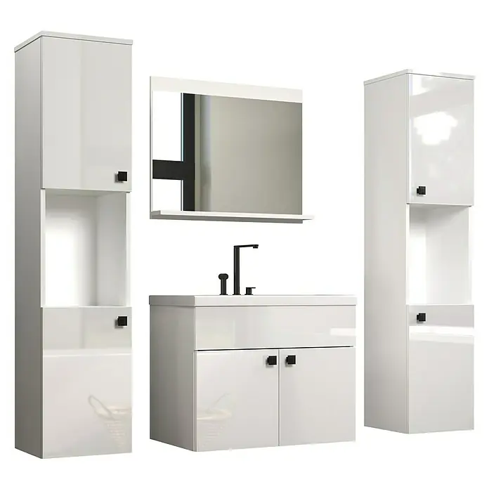 Trendteam Badmöbel-Set Haven - Gesamtbreite Badmöbel: 163 cm, Weiß, Glänzend, 5 -tlg. - Ein weißes Badezimmer-Set mit Waschbeckenunterschrank, Spiegelschrank und Hochschränken für ein modernes Badambiente.