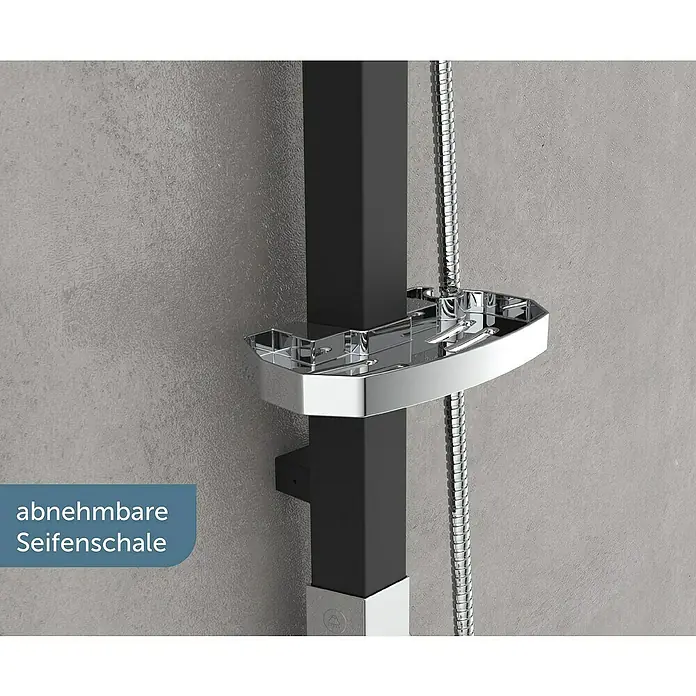 Schütte Duschpaneel Cityline - Höhe: 123 cm, Schwarz - Abnehmbare Seifenschale aus Chrom an einer schwarzen Duschstange. Praktisch und elegant für jedes Badezimmer.