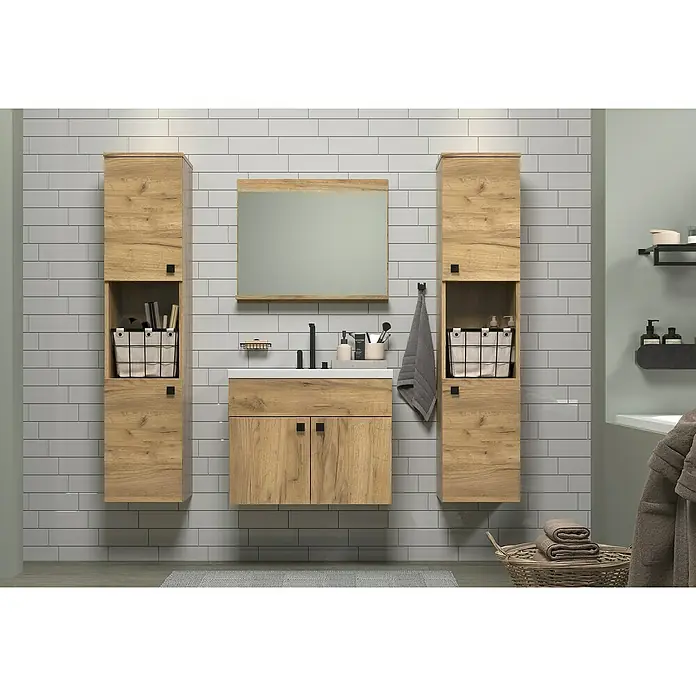 Trendteam Badmöbel-Set Haven - Gesamtbreite Badmöbel: 163 cm, Eiche Kraft Gold, Matt, 5 -tlg. - Modernes Badezimmer-Set mit Waschtischunterschrank, Spiegelschrank und zwei Hochschränken in Holzoptik. Stilvolles Design für Ihr Badezimmer.
