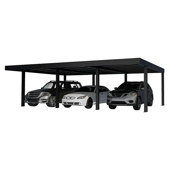 Palram – Canopia Carport Oslo - Außenmaß inkl. Dachüberstand (B x T): 5,96 x 9,01 m, Schwarz - Carport-Ansicht mit drei Autos. Der Carport bietet eine robuste und stilvolle Überdachung für mehrere Fahrzeuge und schützt diese vor Witterungseinflüssen.