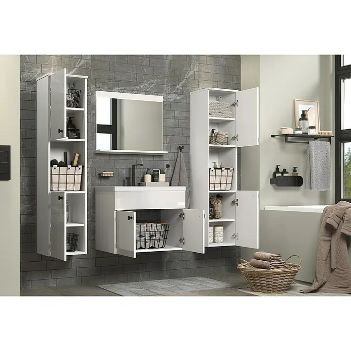 Trendteam Badmöbel-Set Haven - Gesamtbreite Badmöbel: 163 cm, Weiß, Glänzend, 5 -tlg. - Badezimmer-Set in Weiß mit Waschbeckenunterschrank, Spiegelschrank und Hochschrank. Praktische Badezimmermöbel für mehr Stauraum.