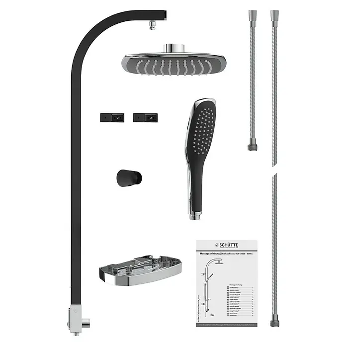 Schütte Duschpaneel Cityline - Höhe: 123 cm, Schwarz - Duschsystem Schütte Oberkopfdusche-Set 60660+60665, mit Kopfbrause, Handbrause, Thermostatbatterie und Ablage für ein entspanntes Duscherlebnis.