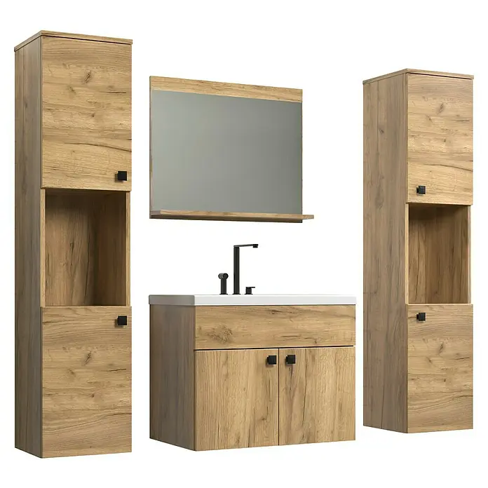 Trendteam Badmöbel-Set Haven - Gesamtbreite Badmöbel: 163 cm, Eiche Kraft Gold, Matt, 5 -tlg. - Badezimmermöbel-Set mit Waschbeckenunterschrank, Spiegelschrank und Hochschränken in Holzoptik mit schwarzen Griffen.