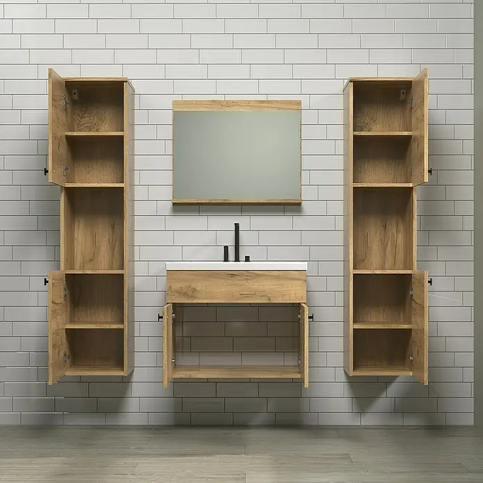 Trendteam Badmöbel-Set Haven - Gesamtbreite Badmöbel: 163 cm, Eiche Kraft Gold, Matt, 5 -tlg. - Badezimmer-Set mit Waschtisch, Spiegel und offenen Holzschränken an einer weißen Ziegelwand.