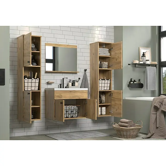 Trendteam Badmöbel-Set Haven - Gesamtbreite Badmöbel: 163 cm, Eiche Kraft Gold, Matt, 5 -tlg. - Modernes Badezimmer-Set mit Waschtisch, Spiegel und Hochschränken in Holzoptik für ein stilvolles Ambiente. Praktischer Stauraum inklusive.