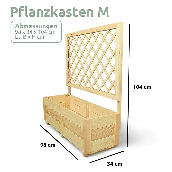 holz4home Pflanzkasten - Holz - Bild eines Pflanzkastens M aus Holz mit Gitter und den Abmessungen 98x34x104 cm (Länge x Breite x Höhe).
