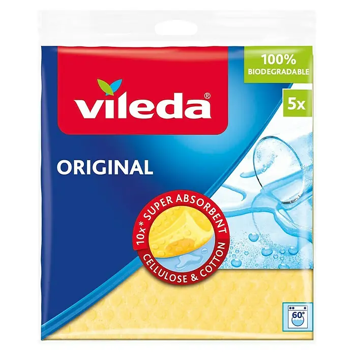 Vileda Original Schwammtuch - 100 % Cellulose + Cotton, 5 Stk. - Ein Paket Vileda Original Allzwecktücher, 5 Stück, 100% biologisch abbaubar, super saugfähig aus Zellulose und Baumwolle.