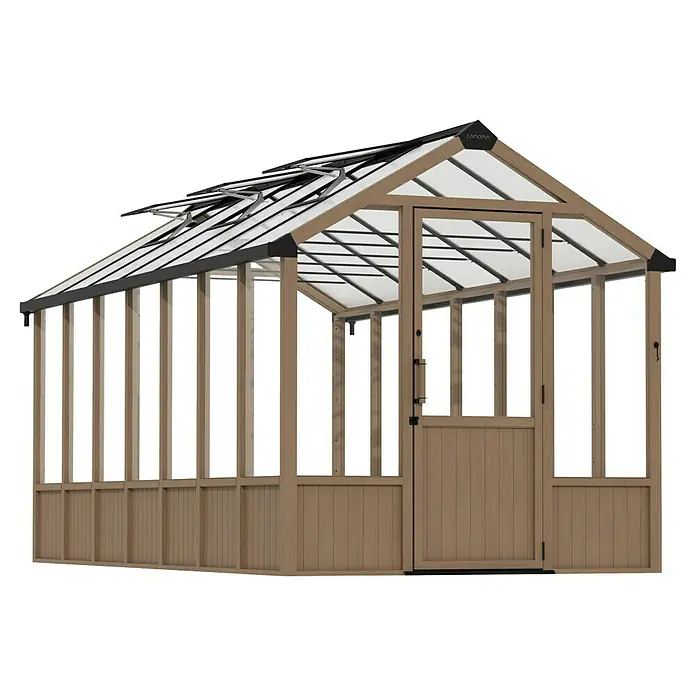 Palram – Canopia Invernadero Natura - Medidas ext. (An x Pr): 249 x 500 cm, Plástico, 4 mm, Natural - Una imagen detallada de un invernadero con estructura de madera y techo transparente, ideal para jardinería.