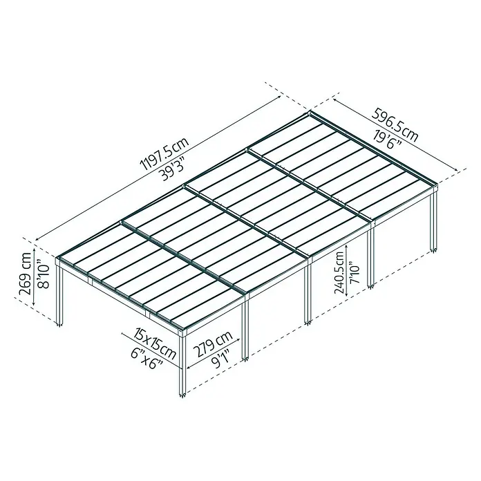 Palram – Canopia Carport Oslo - Außenmaß inkl. Dachüberstand (B x T): 5,96 x 12 m, Schwarz - Produktansicht mit Maßangaben, die die Abmessungen und Details der Produktkonstruktion hervorheben.