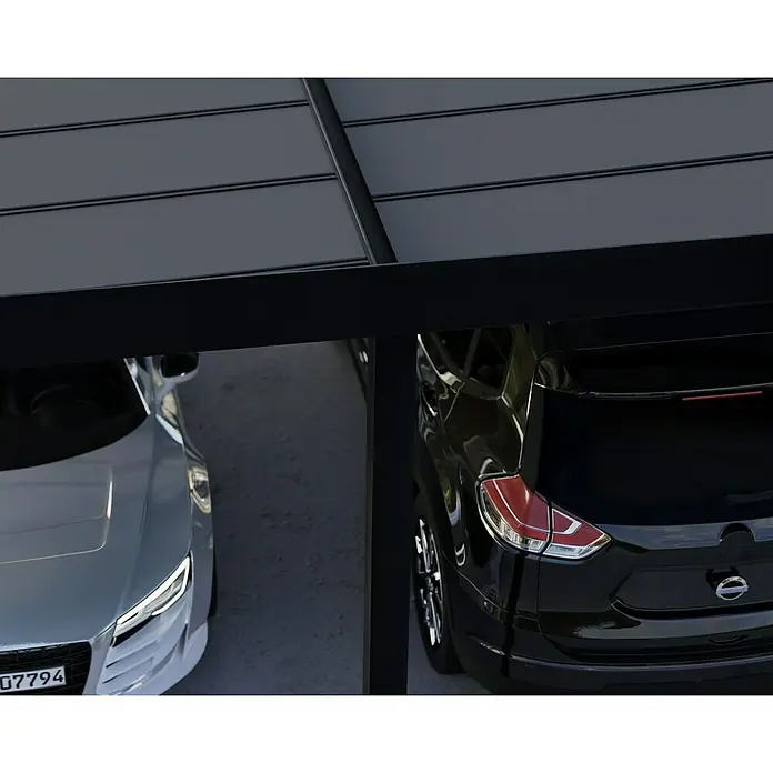 Palram – Canopia Carport Oslo - Außenmaß inkl. Dachüberstand (B x T): 5,96 x 12 m, Schwarz - Das Bild zeigt ein modernes Carport mit zwei geparkten Autos darunter, eines in Weiß und eines in Schwarz. Die Überdachung ist dunkelgrau.