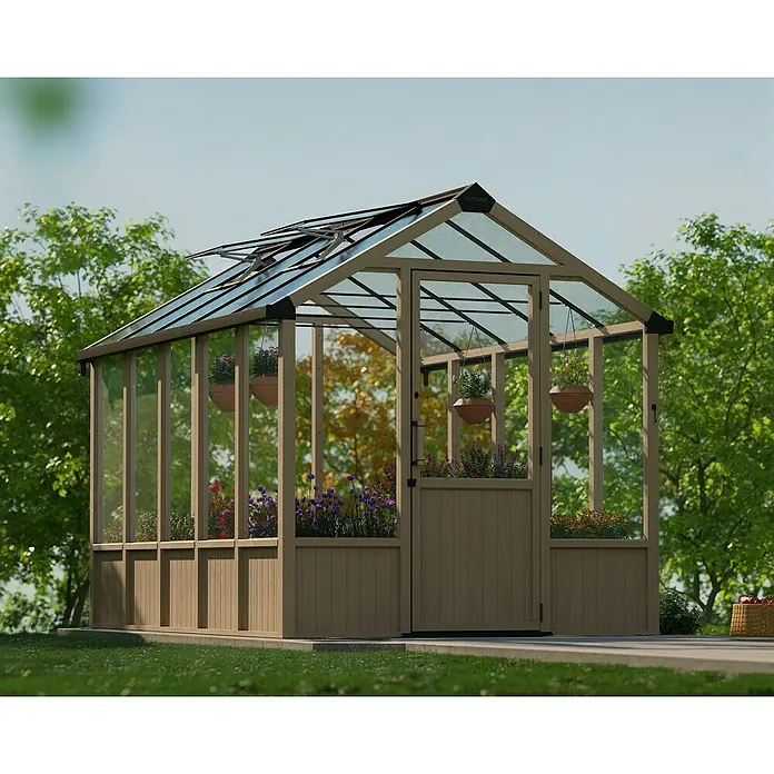 Palram – Canopia Invernadero Natura - Medidas ext. (An x Pr): 249 x 356 cm, Plástico, 4 mm, Natural - Una imagen detallada de un invernadero en un jardín, destacando su estructura y las plantas que contiene.