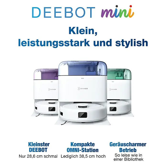 Ecovacs Saugwischroboter Deebot Mini Blue - Saugkraft: 9.000 Pa, Akkulaufzeit: 128 min, Fassungsvermögen Roboter: 140 ml - Das Bild zeigt den DEEBOT mini Saugroboter mit OMNI-Station in verschiedenen Farben. Der Roboter ist kompakt und leistungsstark.
