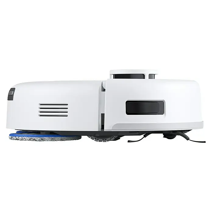 Ecovacs Saugwischroboter Deebot Mini Blue - Saugkraft: 9.000 Pa, Akkulaufzeit: 128 min, Fassungsvermögen Roboter: 140 ml - Seitenansicht eines weißen Saugroboters mit blauen Bürsten und dunklen Sensoren.