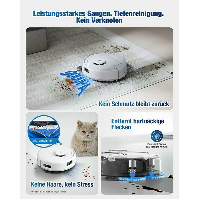 Ecovacs Saugwischroboter Deebot Mini Blue - Saugkraft: 9.000 Pa, Akkulaufzeit: 128 min, Fassungsvermögen Roboter: 140 ml - Leistungsstarker Staubsauger mit Tiefenreinigung und Anti-Verknotungs-Technologie für Haare. Entfernt Flecken und Schmutz, für ein sauberes Zuhause.