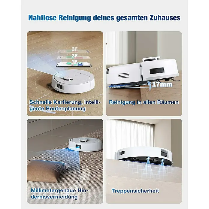 Ecovacs Saugwischroboter Deebot Mini Blue - Saugkraft: 9.000 Pa, Akkulaufzeit: 128 min, Fassungsvermögen Roboter: 140 ml - Darstellung eines weißen Staubsaugerroboters mit verschiedenen Funktionen, wie Kartierung, Hindernisvermeidung und Treppensicherheit.