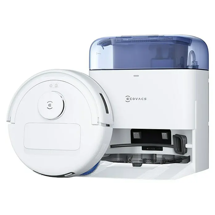 Ecovacs Saugwischroboter Deebot Mini Blue - Saugkraft: 9.000 Pa, Akkulaufzeit: 128 min, Fassungsvermögen Roboter: 140 ml - Das Bild zeigt einen weißen Ecovacs Saugroboter mit einer dazugehörigen Reinigungsstation. Das Set ist modern und elegant.