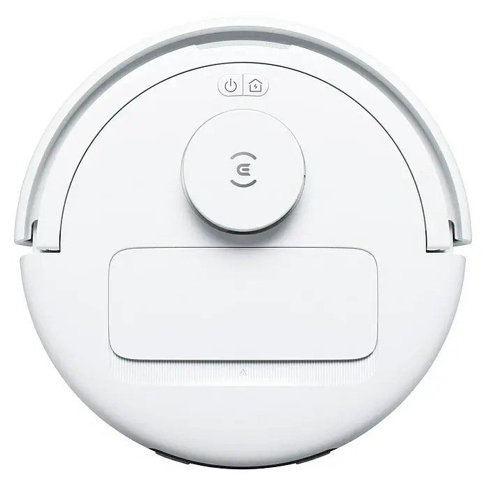 Ecovacs Saugwischroboter Deebot Mini Blue - Saugkraft: 9.000 Pa, Akkulaufzeit: 128 min, Fassungsvermögen Roboter: 140 ml - Draufsicht auf einen weißen Ecovacs-Saugroboter mit runder Form und verschiedenen Bedienelementen auf der Oberseite für die Steuerung.