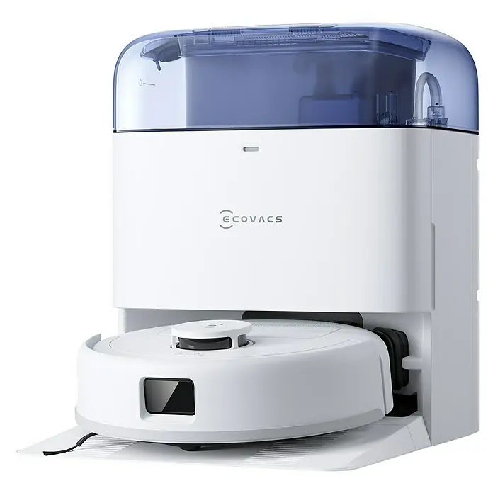 Ecovacs Saugwischroboter Deebot Mini Blue - Saugkraft: 9.000 Pa, Akkulaufzeit: 128 min, Fassungsvermögen Roboter: 140 ml - Weißer Ecovacs Saugroboter mit Ladestation. Der Roboter steht in der Station zum Aufladen bereit. Das Gerät wirkt modern und minimalistisch.