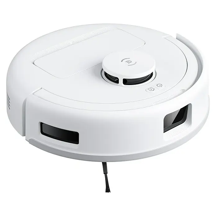 Ecovacs Saugwischroboter Deebot Mini Blue - Saugkraft: 9.000 Pa, Akkulaufzeit: 128 min, Fassungsvermögen Roboter: 140 ml - Nahaufnahme eines weißen Ecovacs-Saugroboters mit seitlicher Bürste, ideal für die gründliche Reinigung von Hartböden und Teppichen.