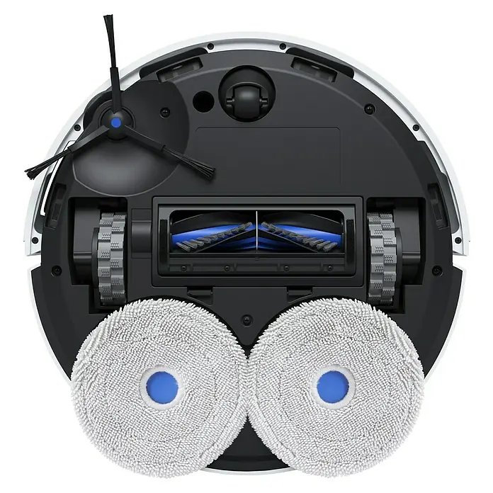Ecovacs Saugwischroboter Deebot Mini Blue - Saugkraft: 9.000 Pa, Akkulaufzeit: 128 min, Fassungsvermögen Roboter: 140 ml - Ansicht der Unterseite eines weißen Roboterstaubsaugers mit zwei rotierenden Mopps, einer Bürste und Rädern.