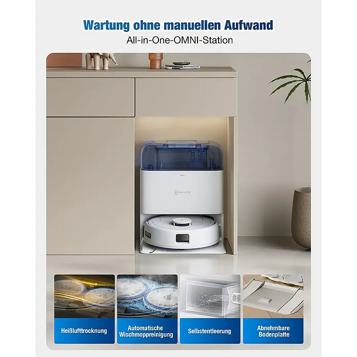 Ecovacs Saugwischroboter Deebot Mini Blue - Saugkraft: 9.000 Pa, Akkulaufzeit: 128 min, Fassungsvermögen Roboter: 140 ml - Bild eines Ecovacs All-in-One-OMNI-Station Saugroboters mit Wartungsfunktionen wie Heißlufttrocknung, Wischmoppreinigung, Selbstentleerung und abnehmbarer Bodenplatte.