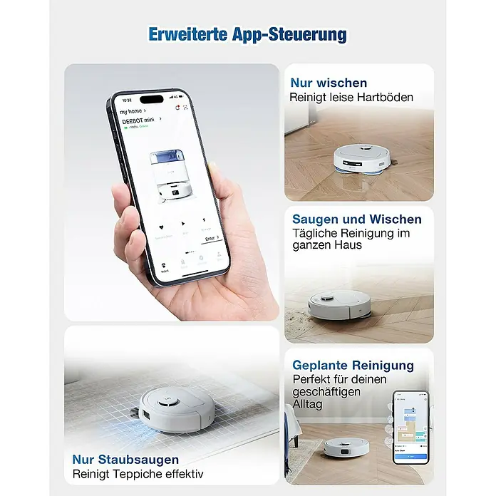 Ecovacs Saugwischroboter Deebot Mini Blue - Saugkraft: 9.000 Pa, Akkulaufzeit: 128 min, Fassungsvermögen Roboter: 140 ml - Intelligente App-Steuerung des DEEBOT Mini Saugroboters für effiziente Reinigung von Hartböden und Teppichen im ganzen Haus.