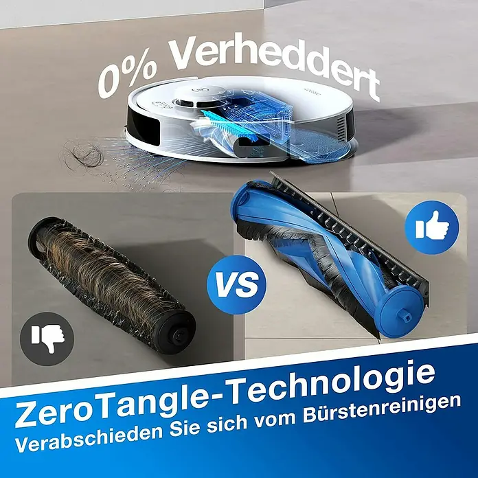Ecovacs Saugwischroboter-Set Deebot N20 Plus White - Saugkraft: 8.000 Pa, Akkulaufzeit: 170 min - 300 min, Fassungsvermögen: 400 ml - Vergleich der Bürsten eines Saugroboters: alte, verhedderte Bürste vs. neue, tangle-freie Bürste. ZeroTangle-Technologie für mühelose Reinigung.