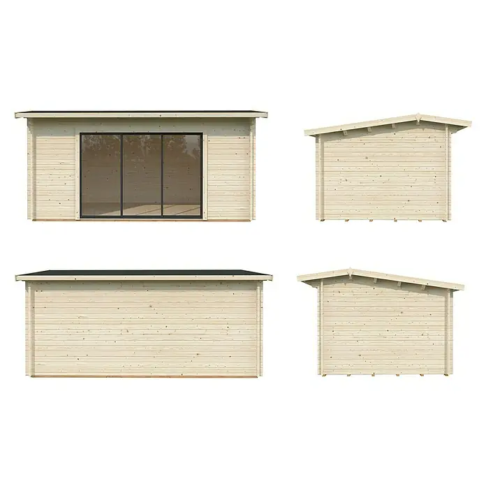Palmako Gartenhaus Ines Plus - Außenmaß inkl. Dachüberstand (B x T): 524 x 379 cm, Unbehandeltes Holz, Natur - Ansichten eines hellen Gartenhauses mit großer Glasfront und Satteldach. Ideal für den Garten oder als zusätzlicher Wohnraum im Freien.