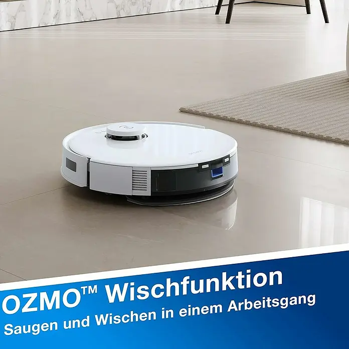Ecovacs Saugwischroboter-Set Deebot N20 Plus White - Saugkraft: 8.000 Pa, Akkulaufzeit: 170 min - 300 min, Fassungsvermögen: 400 ml - Ein weißer Ecovacs Saugroboter auf einem glatten Boden, der seine OZMO™ Wischfunktion bewirbt. Saugen und Wischen in einem Arbeitsgang.