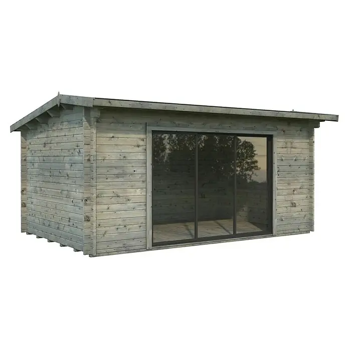Palmako Gartenhaus Slide - Außenmaß inkl. Dachüberstand (B x T): 524 x 379 cm, Holz, Grau - Das Bild zeigt ein modernes Gartenhaus mit Schiebetüren, das viel Tageslicht hereinlässt und sich perfekt in jeden Garten einfügt.