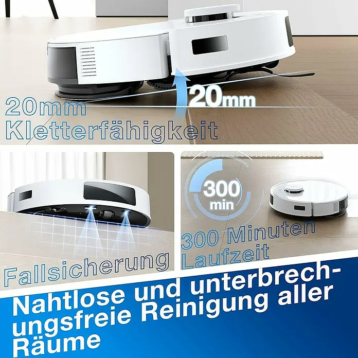 Ecovacs Saugwischroboter-Set Deebot N20 Plus White - Saugkraft: 8.000 Pa, Akkulaufzeit: 170 min - 300 min, Fassungsvermögen: 400 ml - Intelligenter Staubsaugerroboter mit Hindernisüberwindung, Fallschutz und langer Laufzeit für die nahtlose Reinigung aller Räume.