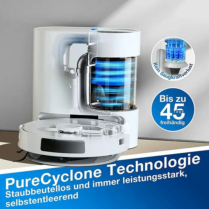 Ecovacs Saugwischroboter-Set Deebot N20 Plus White - Saugkraft: 8.000 Pa, Akkulaufzeit: 170 min - 300 min, Fassungsvermögen: 400 ml - Intelligenter Saugroboter mit PureCyclone Technologie. Staubbeutellos, leistungsstark und selbstentleerend für bis zu 45 Tage freihändig.