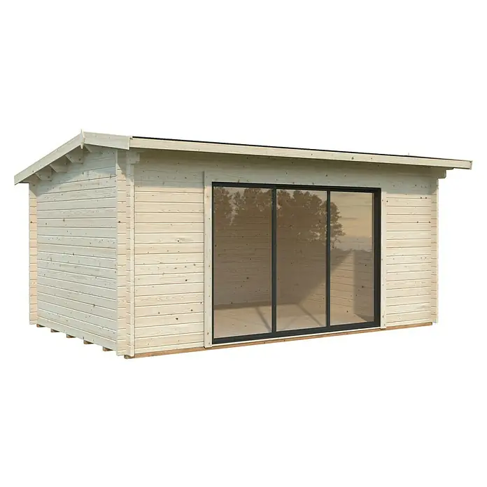 Palmako Gartenhaus Ines Plus - Außenmaß inkl. Dachüberstand (B x T): 524 x 379 cm, Unbehandeltes Holz, Natur - Ein helles Holzgartenhaus mit großen Fenstern, ideal als moderner Rückzugsort im Garten.