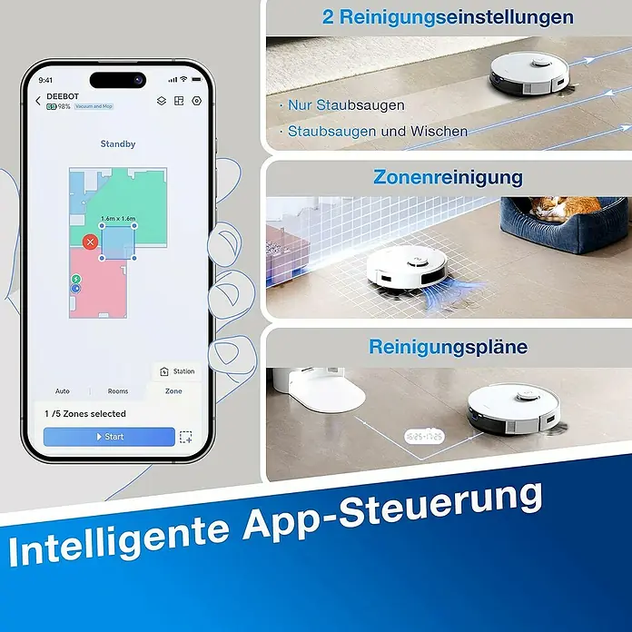 Ecovacs Saugwischroboter-Set Deebot N20 Plus White - Saugkraft: 8.000 Pa, Akkulaufzeit: 170 min - 300 min, Fassungsvermögen: 400 ml - Intelligente App-Steuerung für den DEEBOT Staubsaugerroboter, mit Reinigungsmodi, Zonenreinigung und Reinigungsplänen für ein sauberes Zuhause.