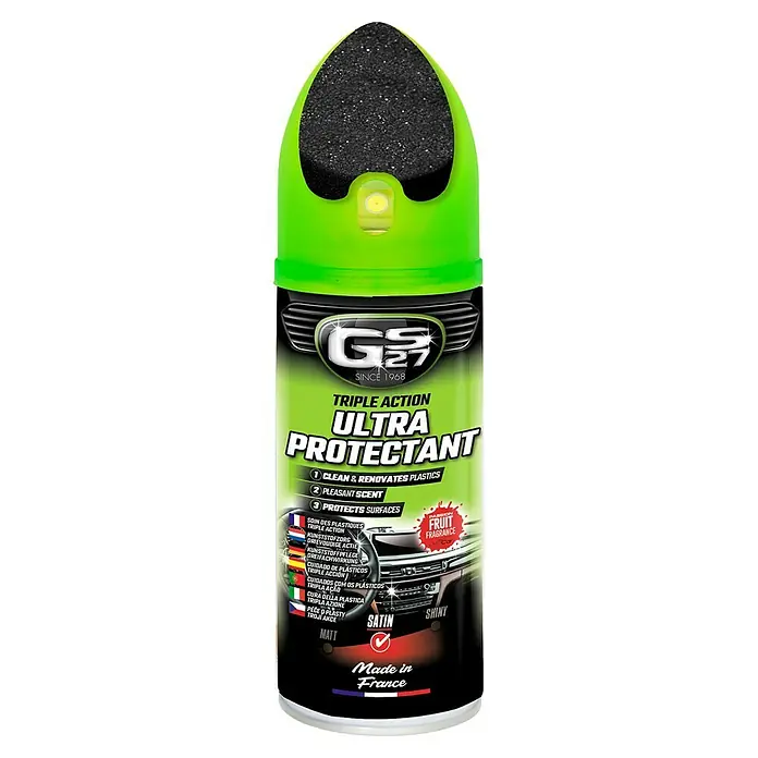 GS27 Limpia salpicaderos - 400 ml, Cepillo de limpieza, Mate - GS27 Triple Action Ultra Protectant limpia, renueva, protege plásticos, aroma agradable, Hecho en Francia.