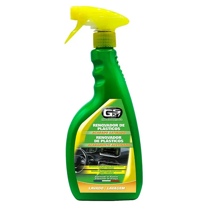 GS27 Limpia salpicaderos - 750 ml, Mate - Una botella de spray verde de GS27 The Essentials restaurador de plásticos, limpia, protege y da un acabado satinado a los plásticos.